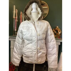 Polo Jeans Co Down‎ Puffer Jacket Women Medium White Good Faux Fur Hood Bomber